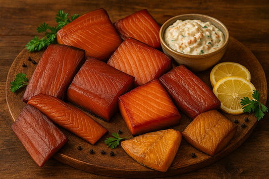Gift box featuring smoked coho, sockeye, king salmon, halibut, black cod, and smoked seafood dip on a wood board.