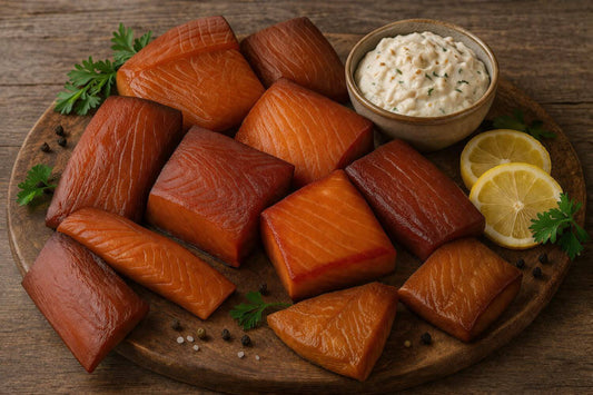 Gift box featuring smoked coho, sockeye, king salmon, halibut, black cod, and smoked seafood dip on a wood board.