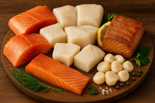 Raw halibut chunks, raw coho chunks, scallops, and smoked coho arranged on a wood board with herbs and lemon.