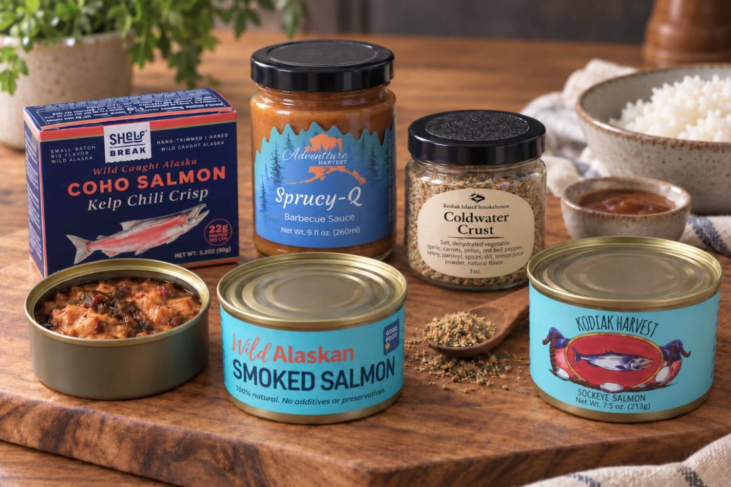 Tide to Table shelf-stable Alaska seafood and pantry gift box with canned salmon, seasoning, and Adventure Harvest sauce on a warm wooden board.