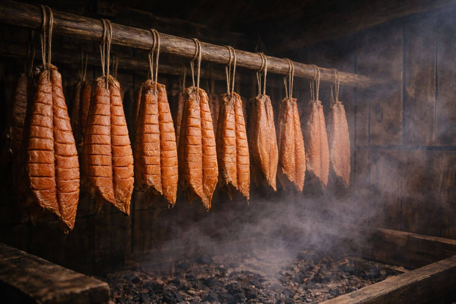 Hanging salmon fillets in a smokehouse with smoke rising.