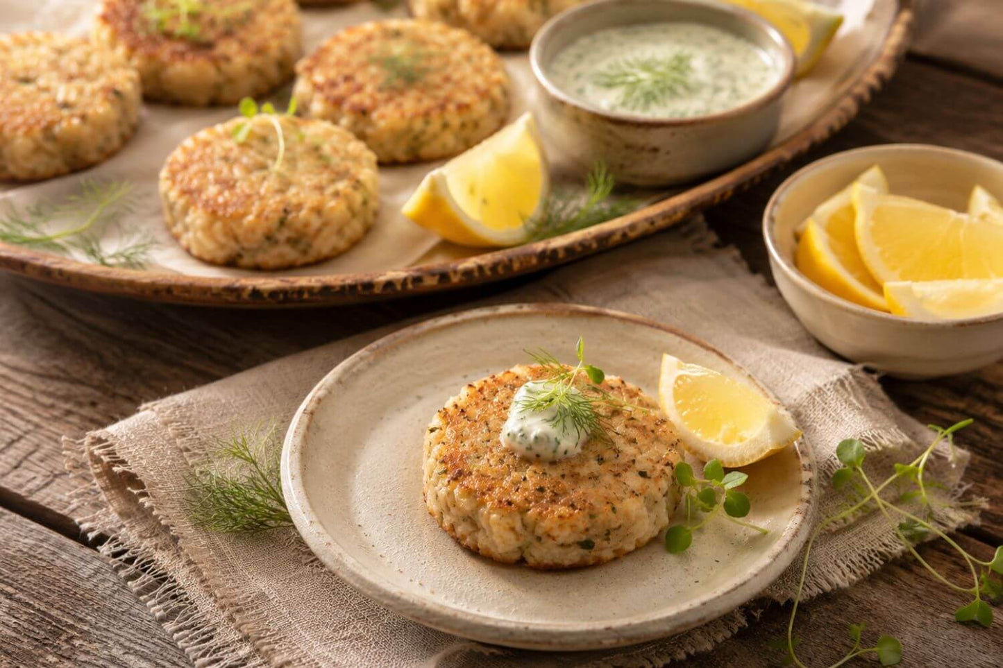 Golden pan-seared whitefish cakes served as an appetizer with dipping sauce and fresh garnish.