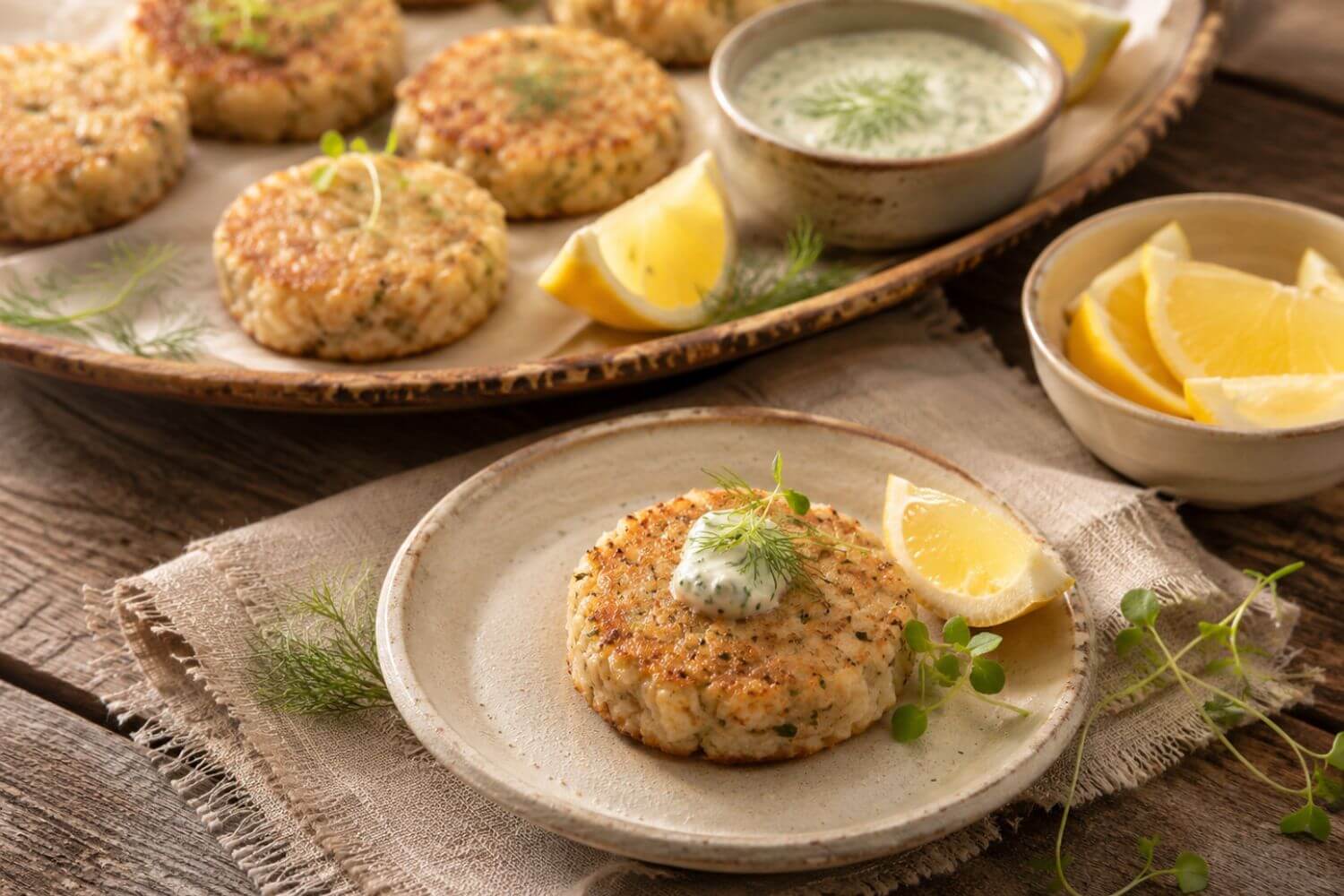 Golden pan-seared whitefish cakes served as an appetizer with dipping sauce and fresh garnish.