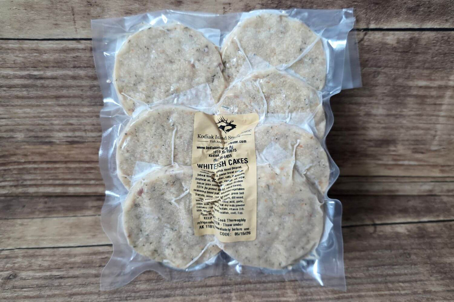 Packaged Wild Alaska whitefish cakes made with lingcod, rockfish, and cod from Kodiak Island Smokehouse.