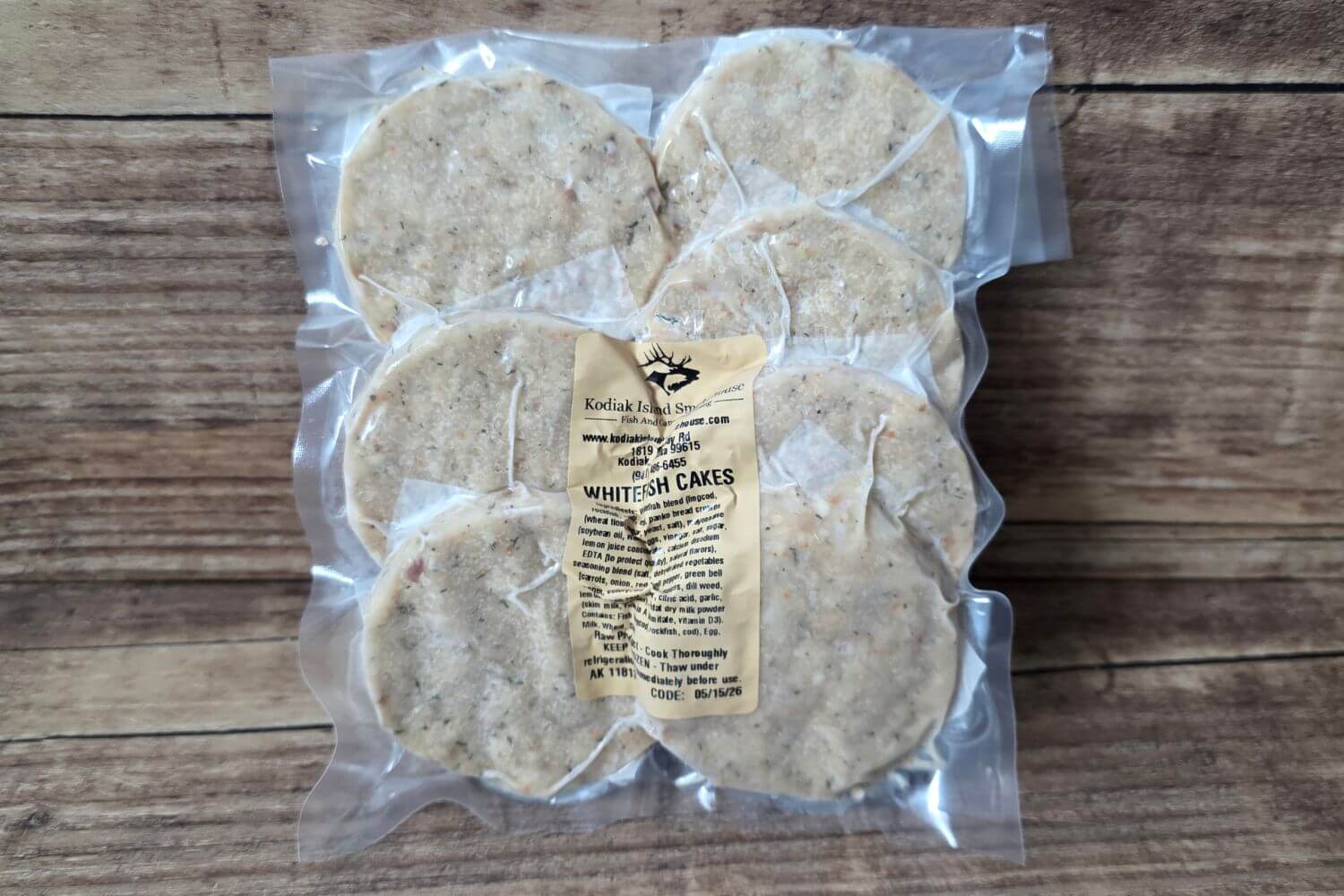 Packaged Wild Alaska whitefish cakes made with lingcod, rockfish, and cod from Kodiak Island Smokehouse.