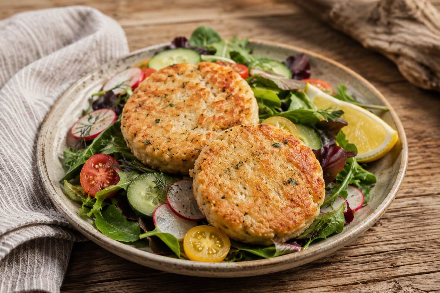 Pan-seared Wild Alaska whitefish cakes served over a fresh salad with lemon and sauce.