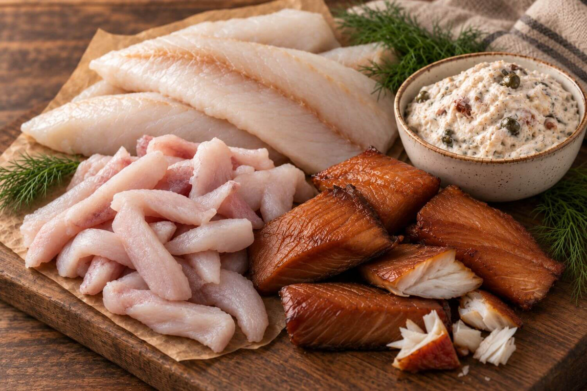 Whitefish Ways seafood gift box featuring rockfish fillets, lingcod ready cuts, smoked lingcod, and creamy halibut dip arranged on a warm wooden surface with parchment and fresh dill.