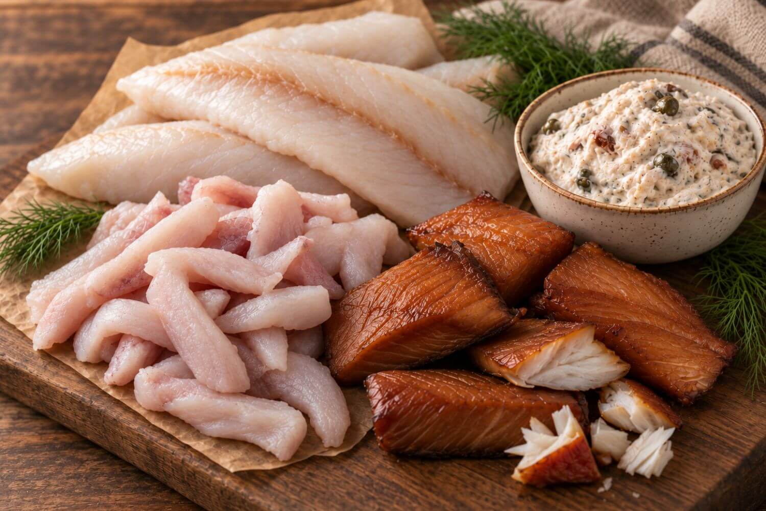 Whitefish Ways seafood gift box featuring rockfish fillets, lingcod ready cuts, smoked lingcod, and creamy halibut dip arranged on a warm wooden surface with parchment and fresh dill.