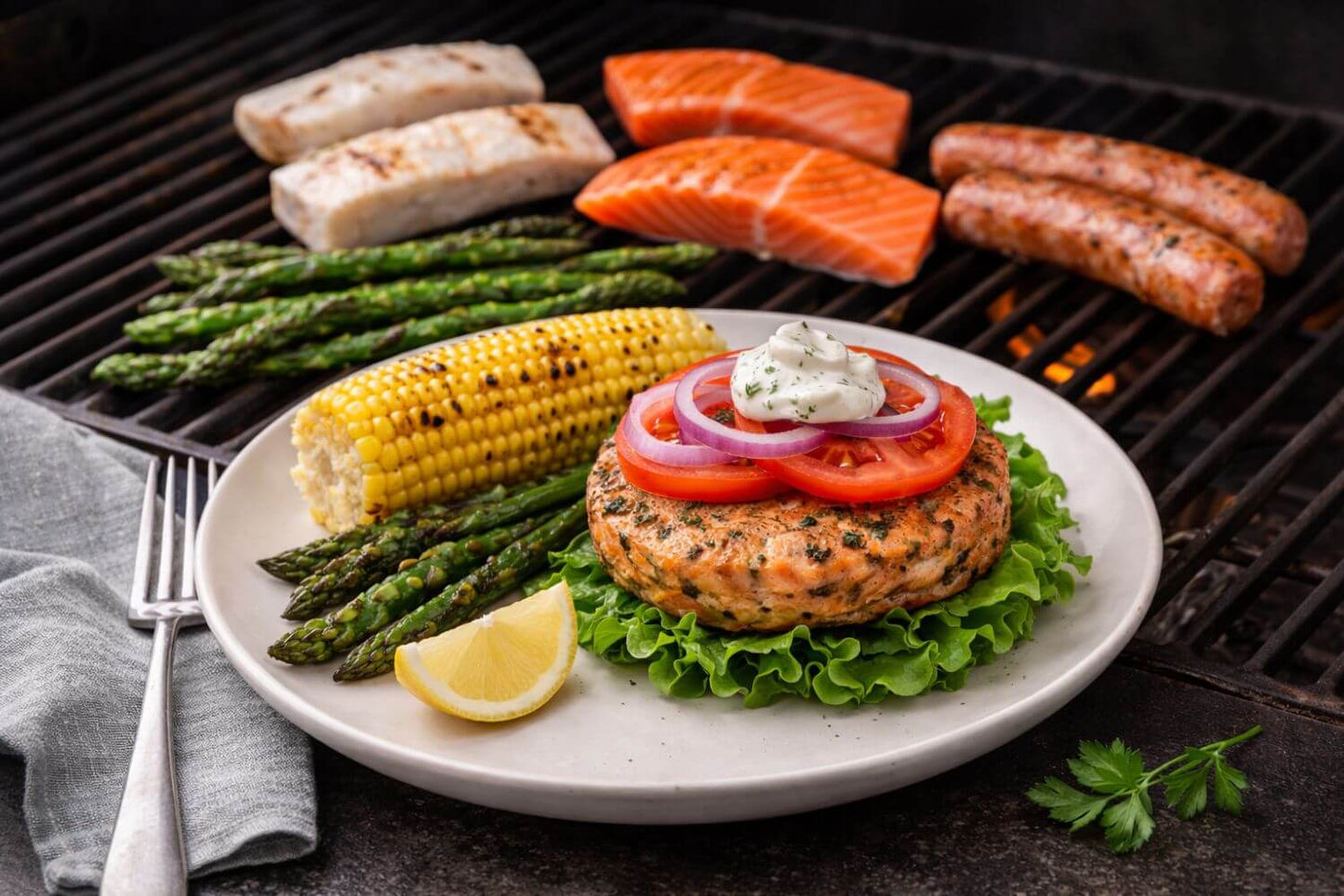 Plated salmon burger with salad and grilled vegetables on a grill