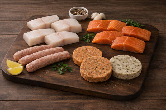 Wild-caught king salmon, halibut portions, grain-free salmon brats, and burgers arranged on a wooden board